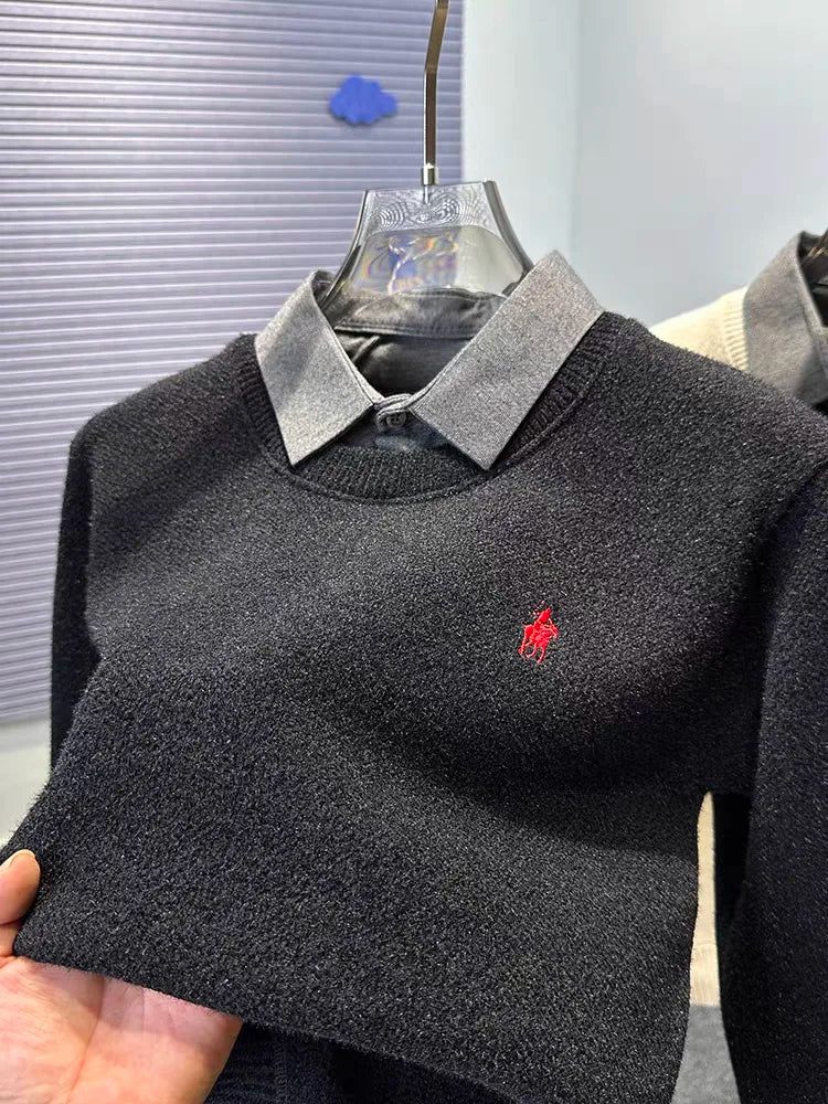 High quality velvet shirt collar sweater men's trendy luxury brand classic Paul embroidery casual top winter warm knit pullover