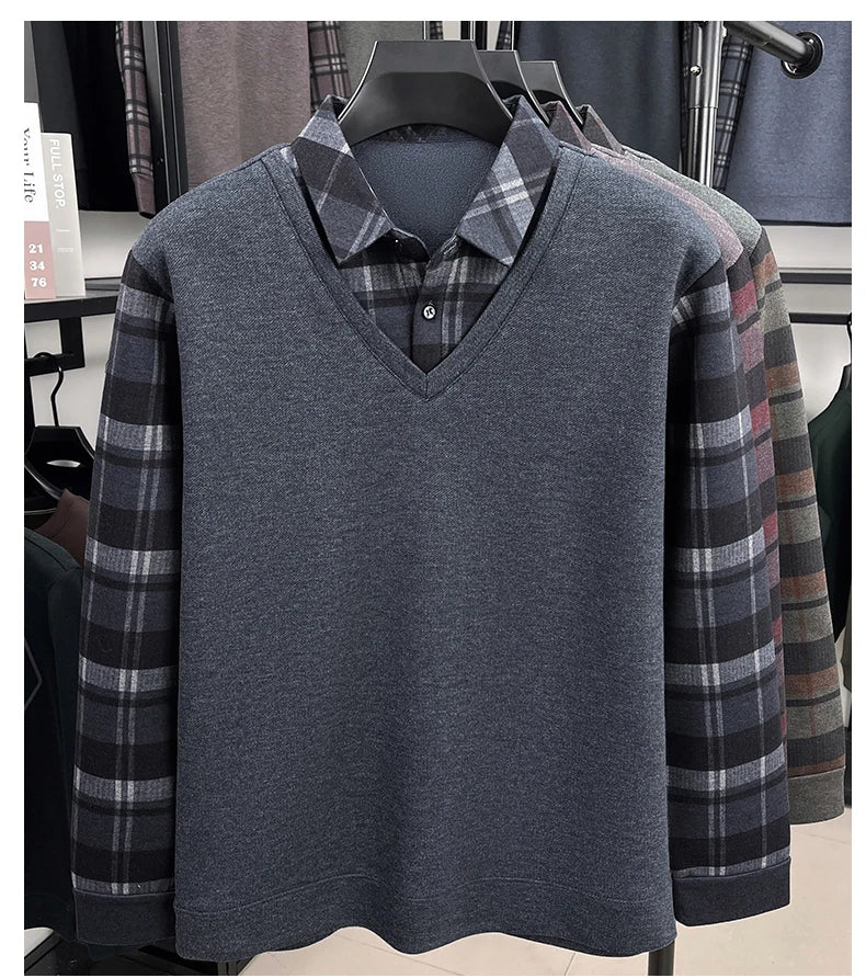 BROWON 2025 Elegant Winter T-shirt Men Thick Fleece Long Sleeve Turn Down Collar Fake Layered T-shirt Man Oversized Dad Clothes