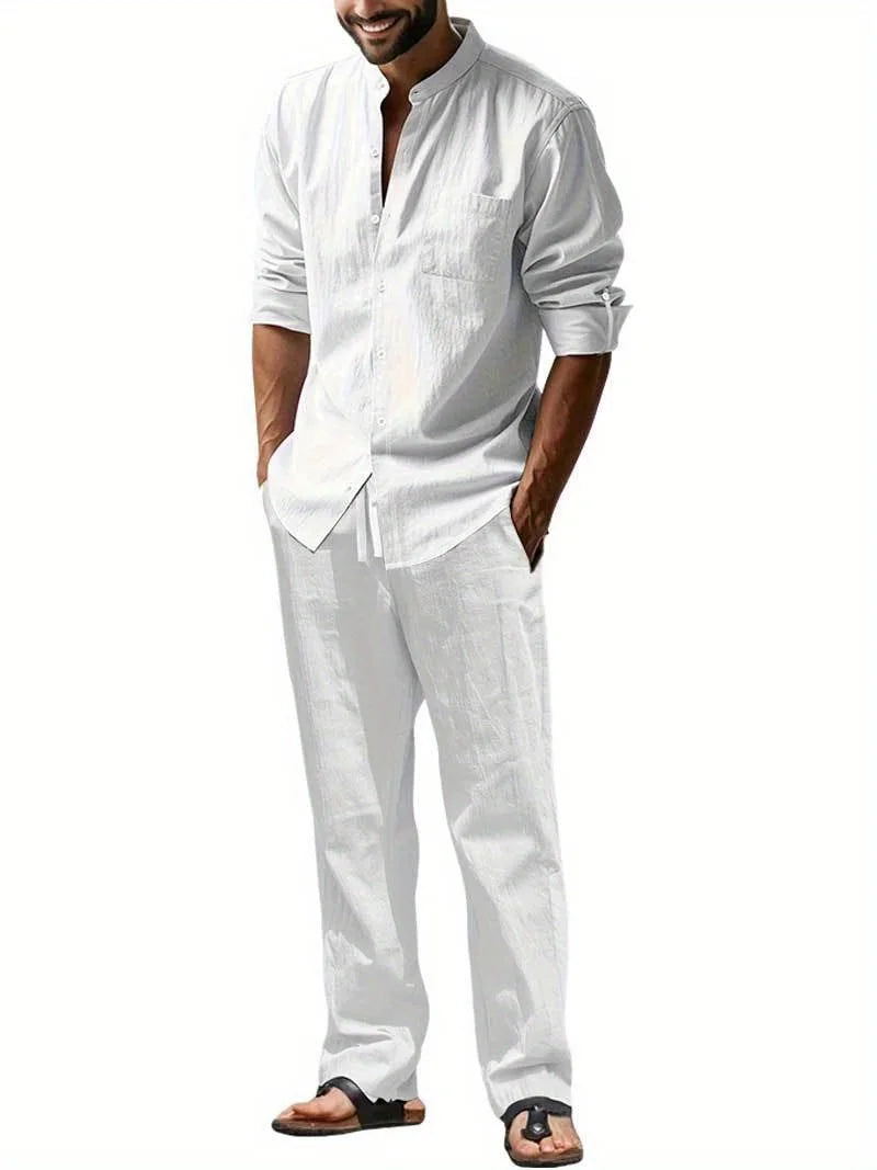 New Breathable Linen Men's Long Sleeve Shirt and Pants Spring Summer Autumn Outdoor Leisure Walking Beach Sport Outfit 1/2pieces