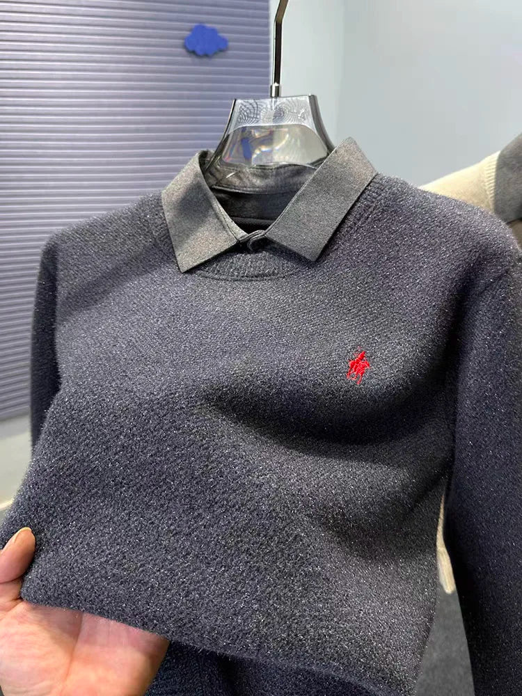 High quality velvet shirt collar sweater men's trendy luxury brand classic Paul embroidery casual top winter warm knit pullover