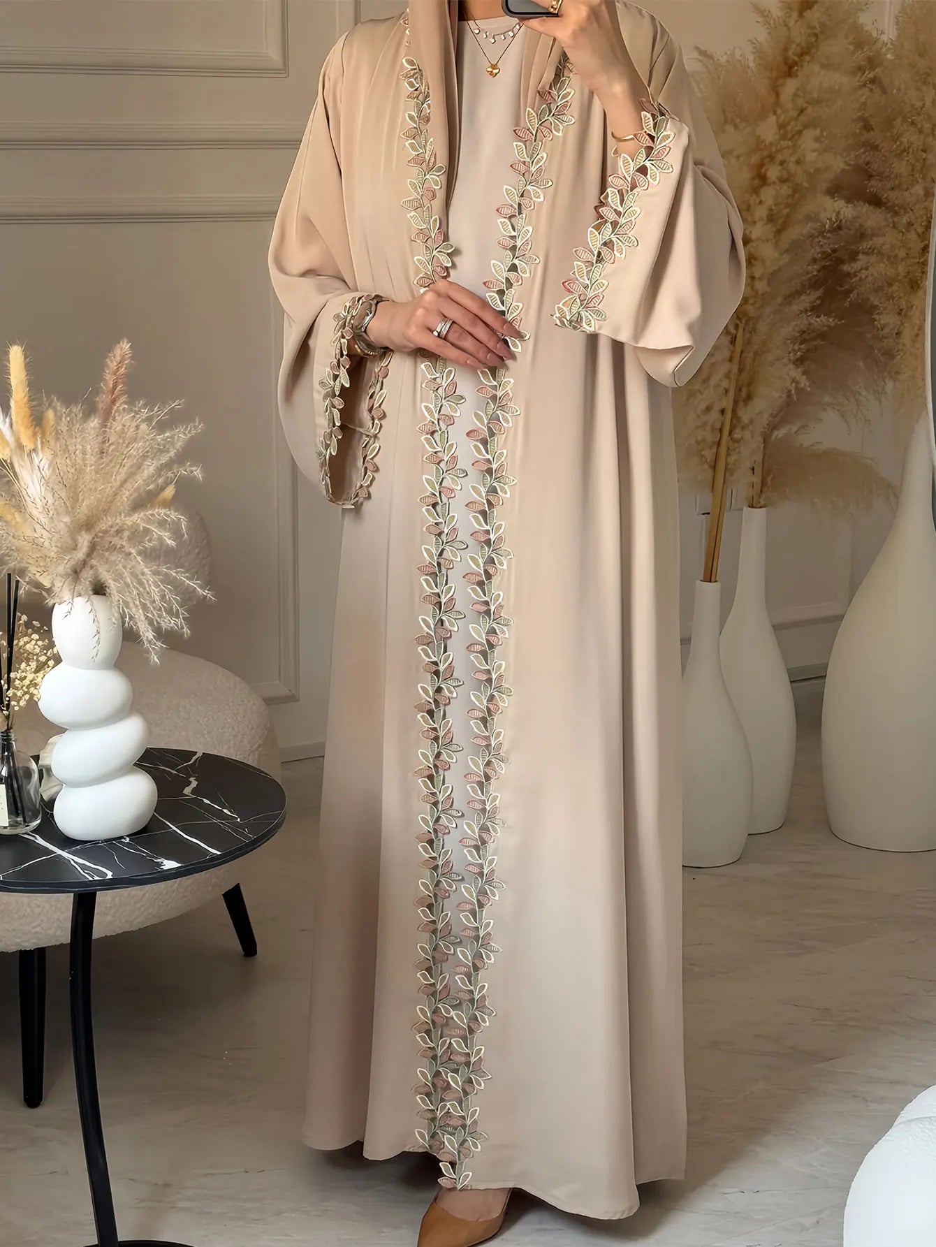 Green Muslim Abaya Long length Robe with Artistic Leaf Embroidery for Women Seeking a Blend of Traditional and Stylish Design