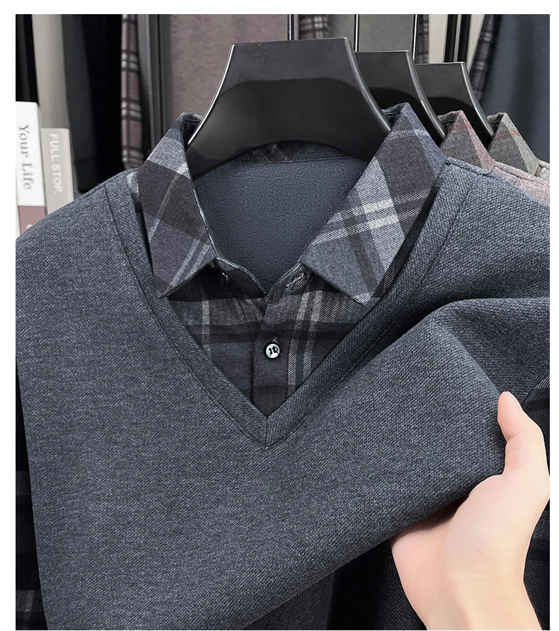 BROWON 2025 Elegant Winter T-shirt Men Thick Fleece Long Sleeve Turn Down Collar Fake Layered T-shirt Man Oversized Dad Clothes