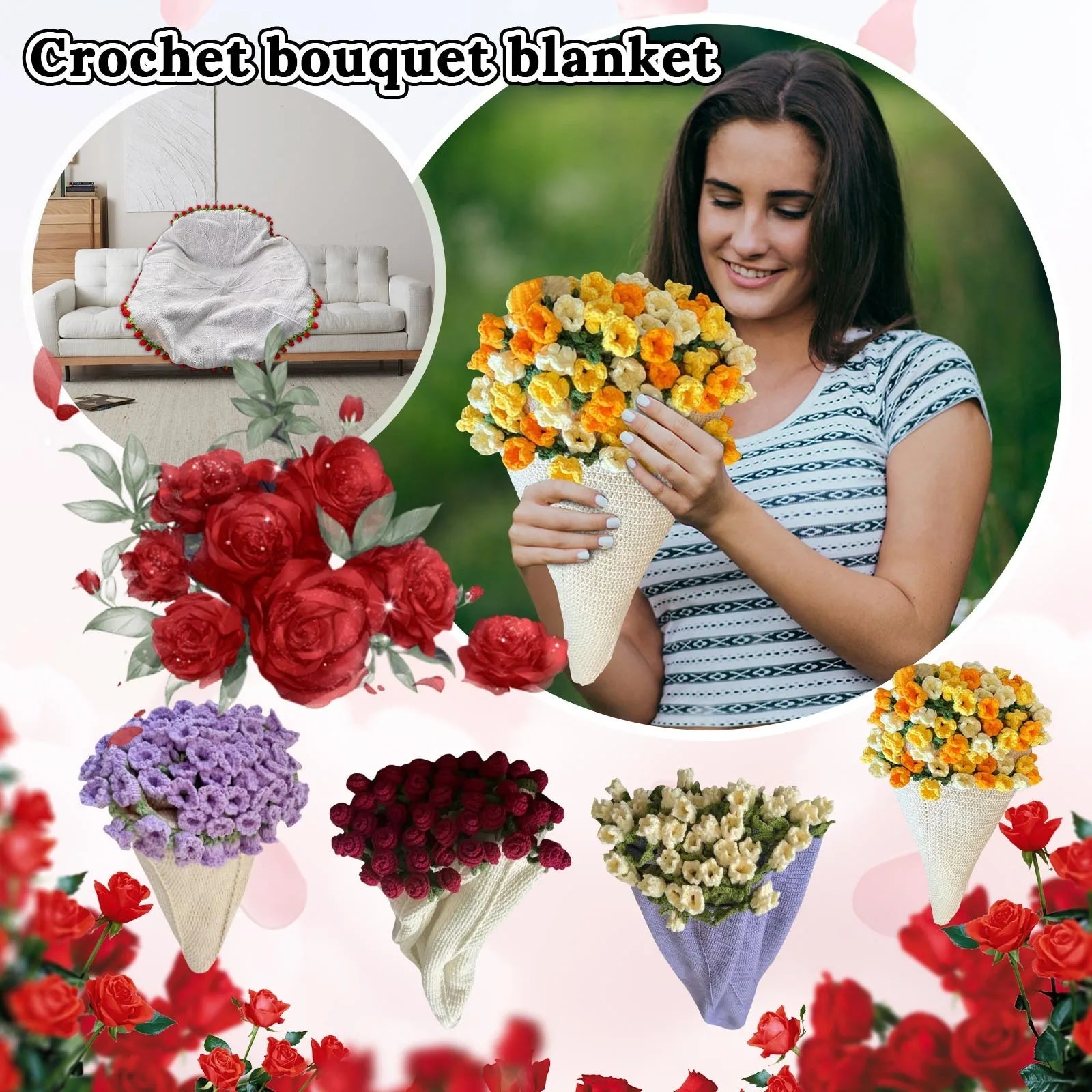 Diy Crochet Bouquet Of Flowers Hand-Woven Flower Bouquet Blanket Ultra-Soft Breathable Romantic Knitted Flowers Throw Blankets