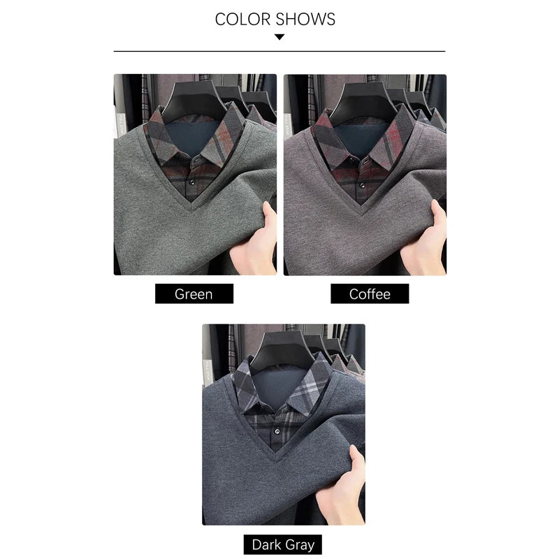 BROWON 2025 Elegant Winter T-shirt Men Thick Fleece Long Sleeve Turn Down Collar Fake Layered T-shirt Man Oversized Dad Clothes