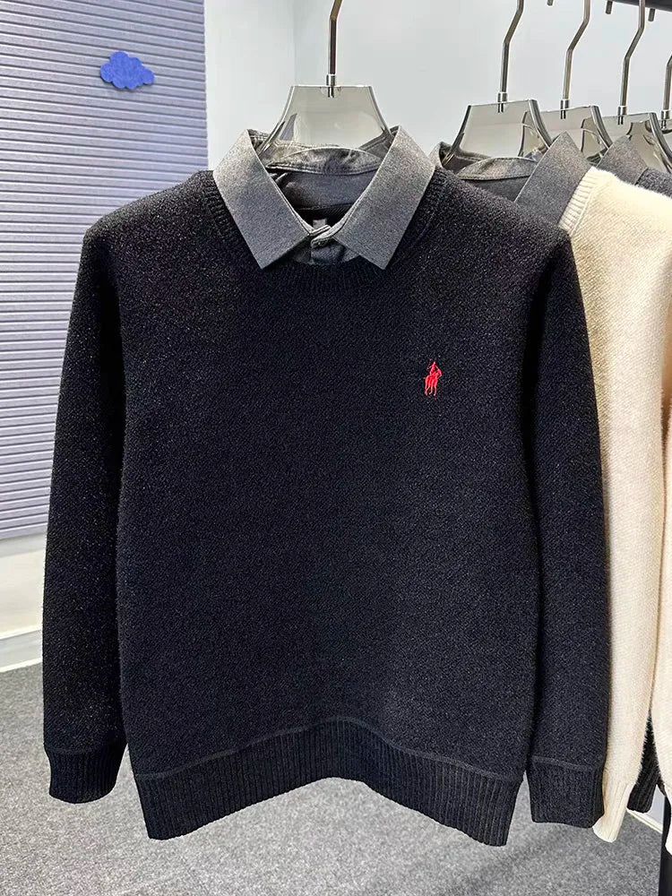 High quality velvet shirt collar sweater men's trendy luxury brand classic Paul embroidery casual top winter warm knit pullover