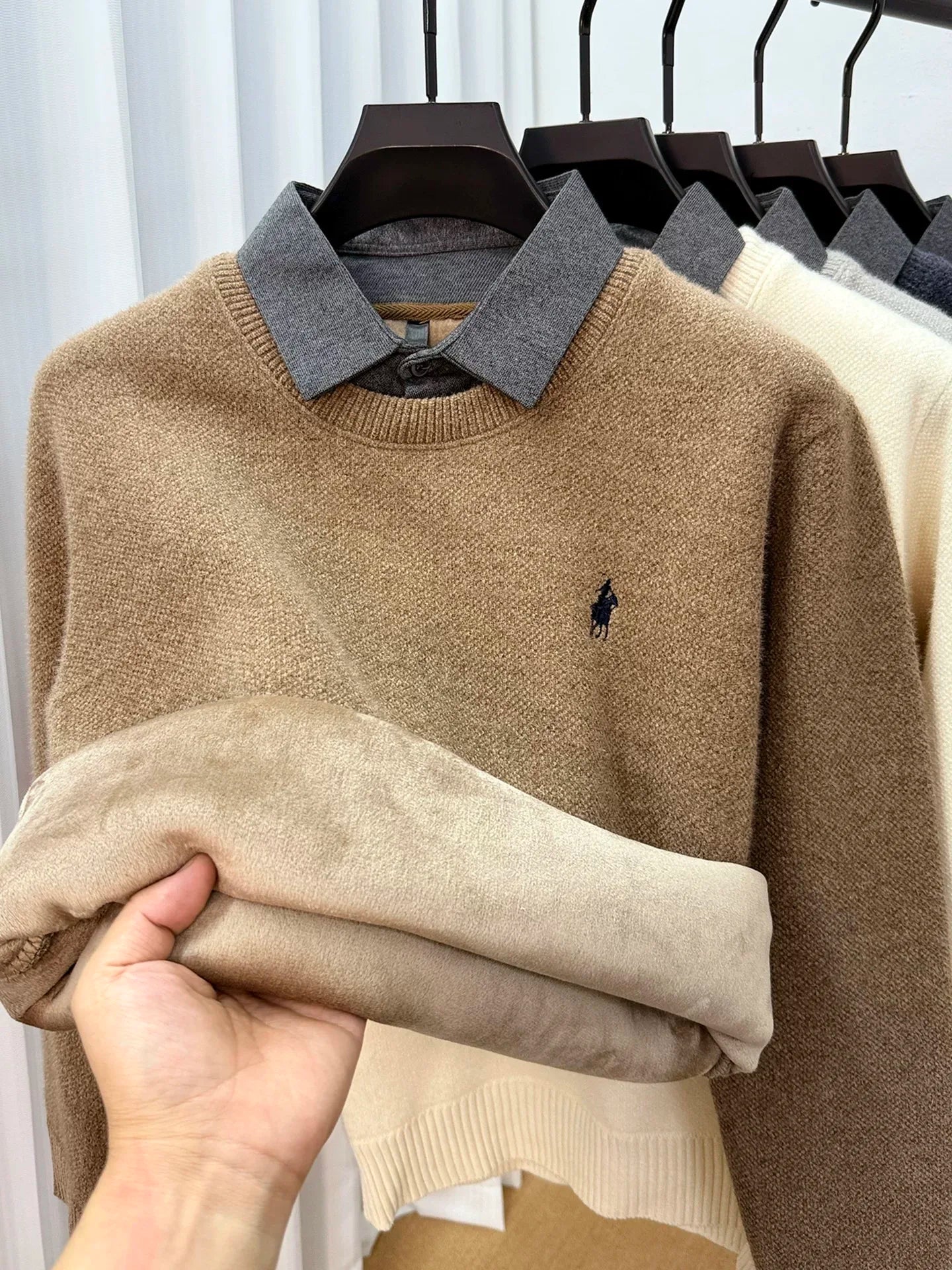 High quality velvet shirt collar sweater men's trendy luxury brand classic Paul embroidery casual top winter warm knit pullover