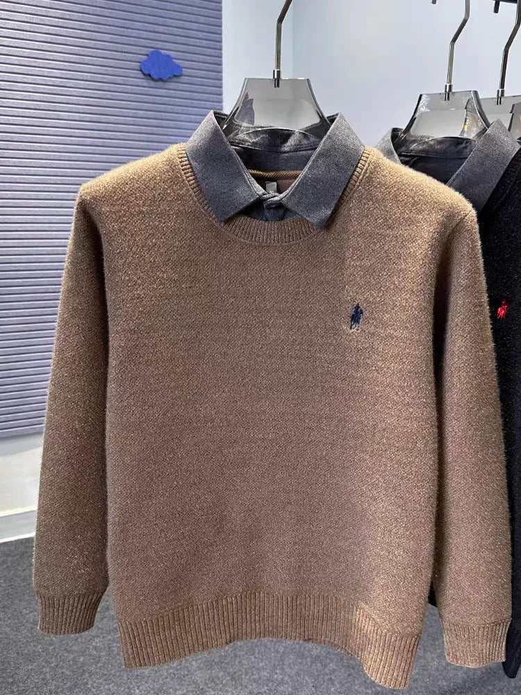 High quality velvet shirt collar sweater men's trendy luxury brand classic Paul embroidery casual top winter warm knit pullover