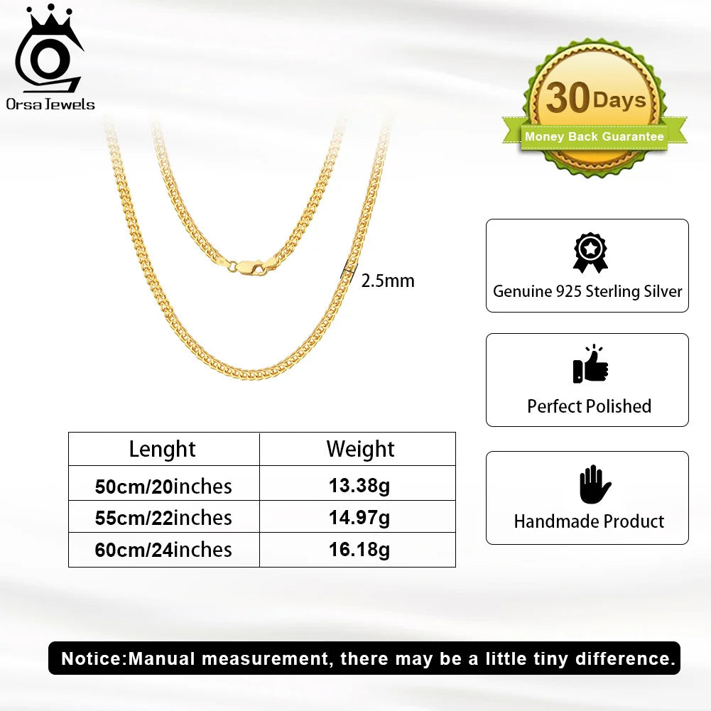 ORSA JEWELS Hip Hop 18K Gold 2.5mm Franco Chain Necklace for Men Fashion 925 Sterling Silver Choker Necklace Party Jewelry NMN13
