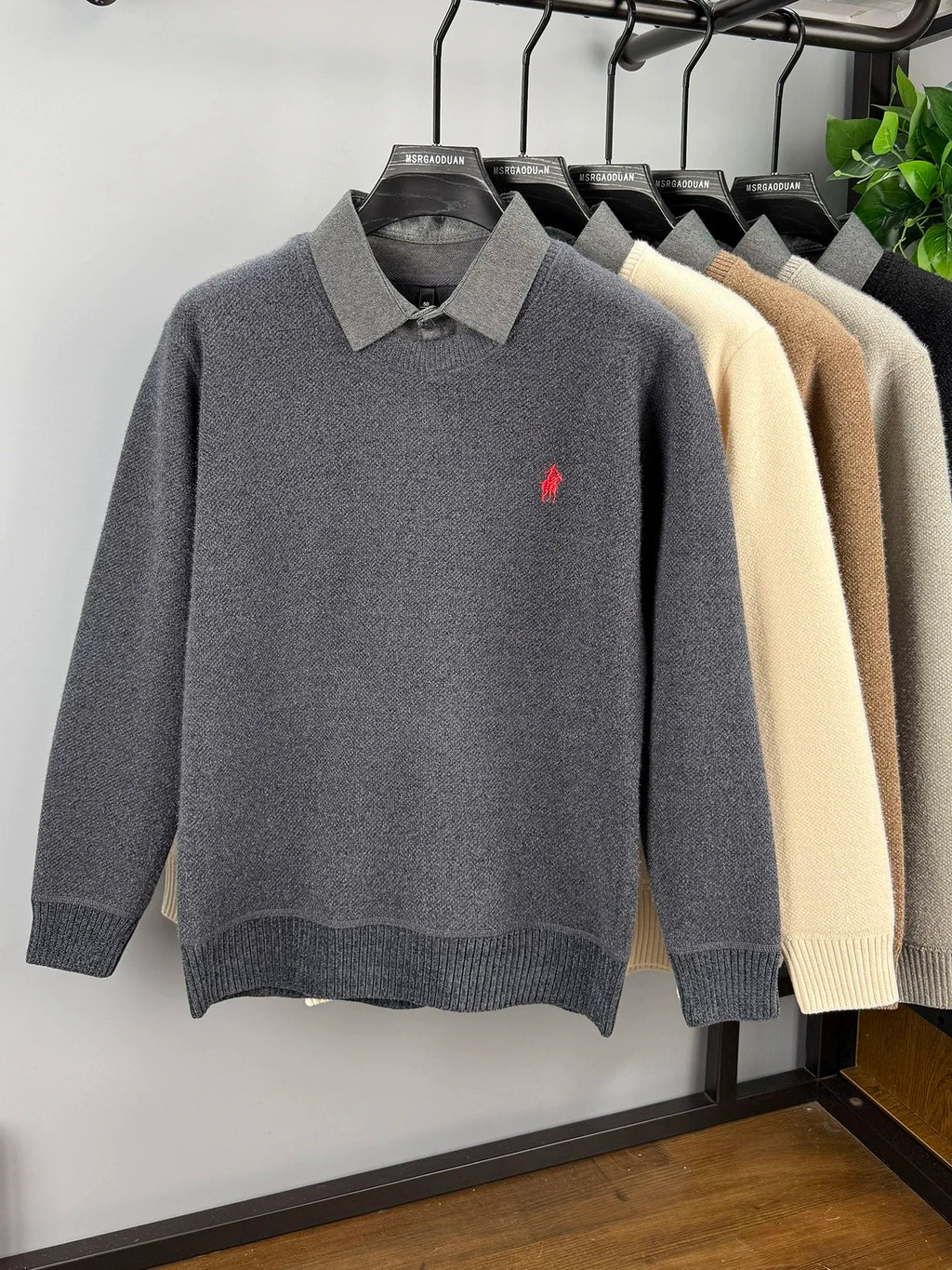 High quality velvet shirt collar sweater men's trendy luxury brand classic Paul embroidery casual top winter warm knit pullover